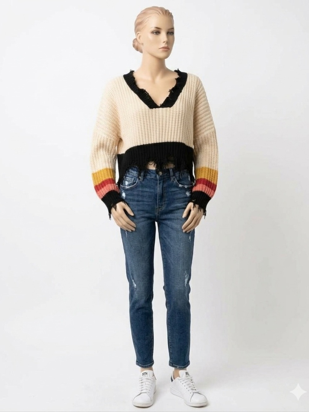 Storia Distressed Cropped Knit Sweater Medium Colorblock Frayed Stripe Boho
